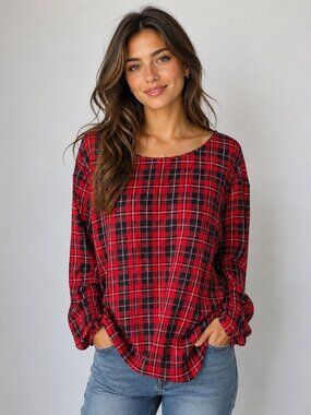 LOFT Red and Black Plaid Long Sleeve Top